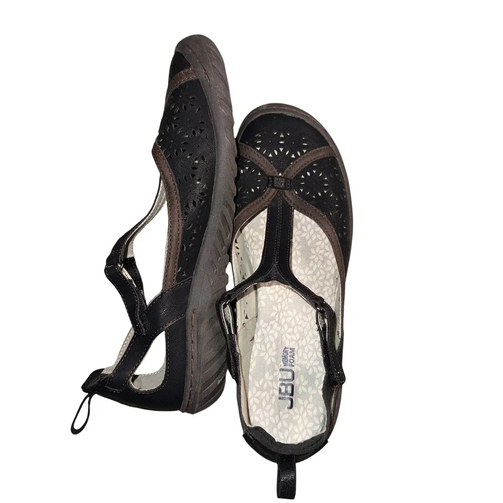 JBU Daffodil Mary Jane Flats 9M Black Brown Laser Cut T-Strap Memory Foam Shoes